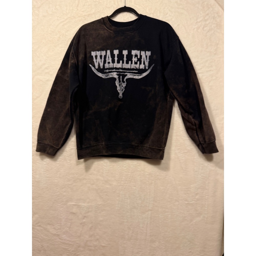 Morgan Wallen Sweatshirt Mens Medium Black Bleach Wash Longhorn Graphic Pullover
